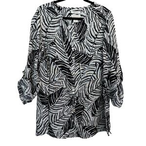 Cynthia Rowley 1X Linen Palm Print Roll Tab Sleeves Mother of Pearl Buttons Top